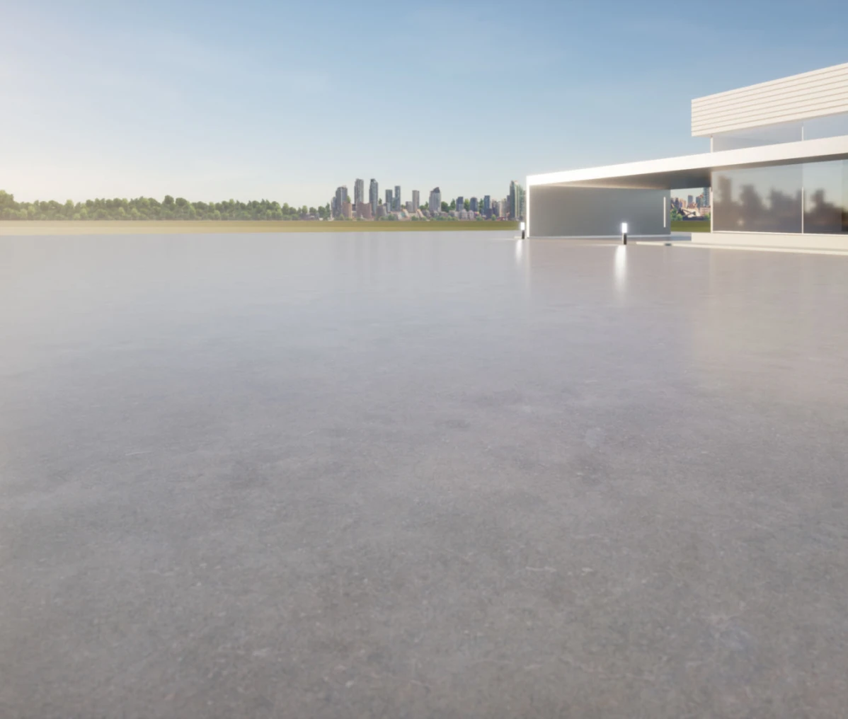 Modern building with city skyline in background.